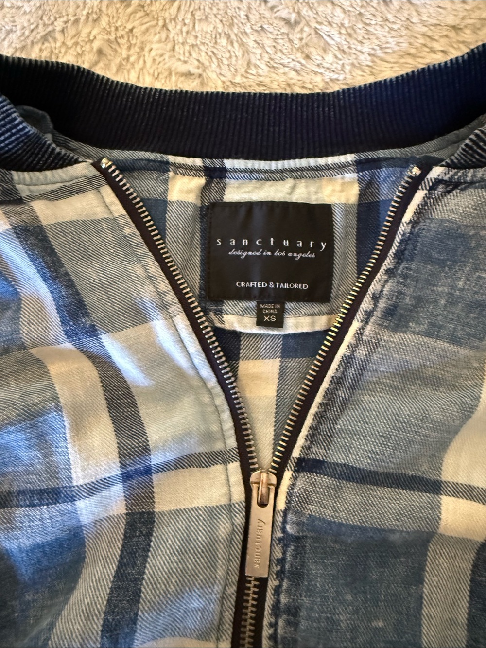 Sanctuary Blue and Cream Plaid Bomber lightweight Jacket XS